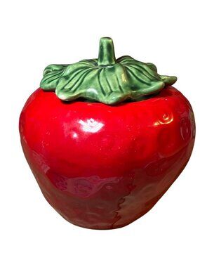 Strawberry Shaped Ceramic Cookie Jar  Treat JarWith Lid  Red and Green